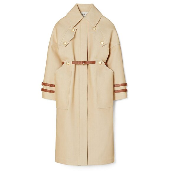 NWT Tory Burch Oversized Trench Coat in Structured Cotton with Leather Trim - Picture 4 of 12